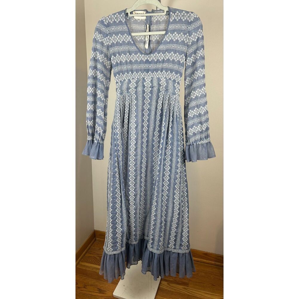 VTG I.Magnin Ivory Pin Tuck Maxi Dress Crochet Lace Prairie Cottagecore XS/S